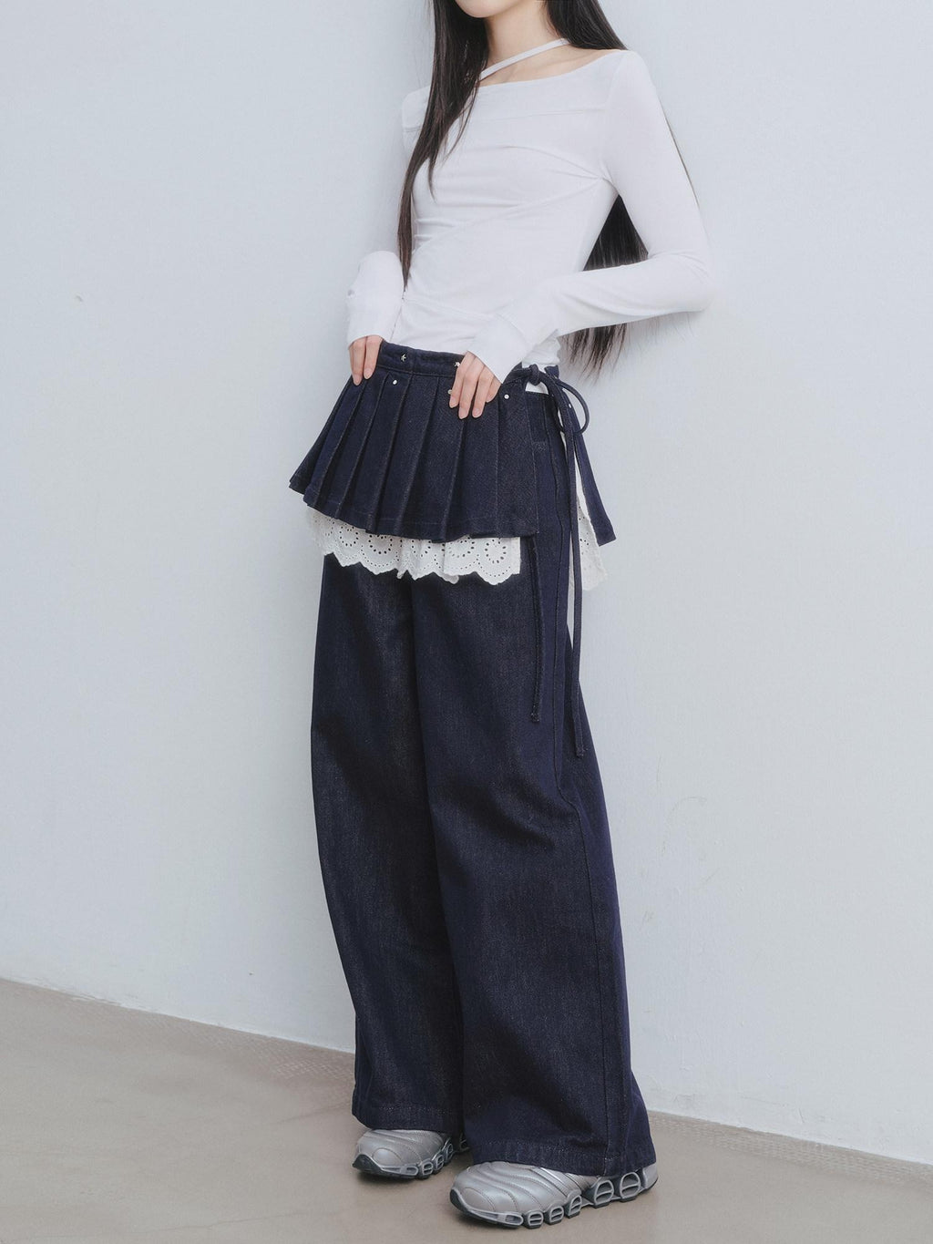 DDGIRL studio Washed High Waist Lace Trim Non Stretch Zip Fly Navy Comfort Wide Leg Jeans