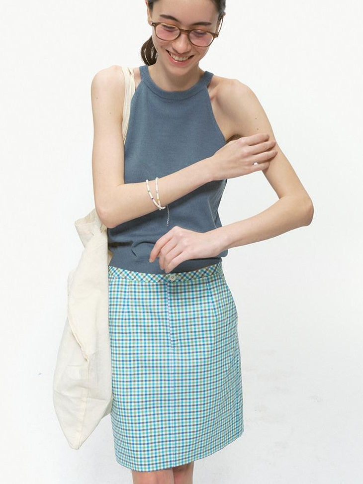 Country Moment Original Design Halter Slim Fit Lake Blue Wool Blend Solid Knit Camisoles