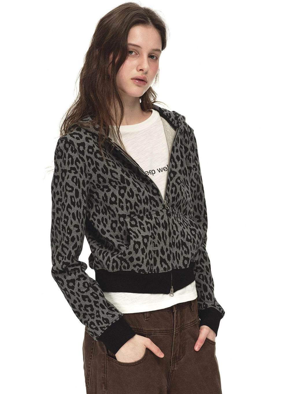 Country Moment 100% Cotton Loose Zip Crop Hooded Leopard Print Women Black Grey Hoodie
