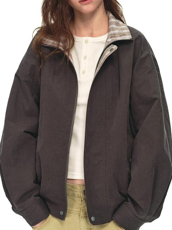 Country Moment Contrast Patchwork Relaxed Check Zip Long Sleeve Womens Cropped Jackets