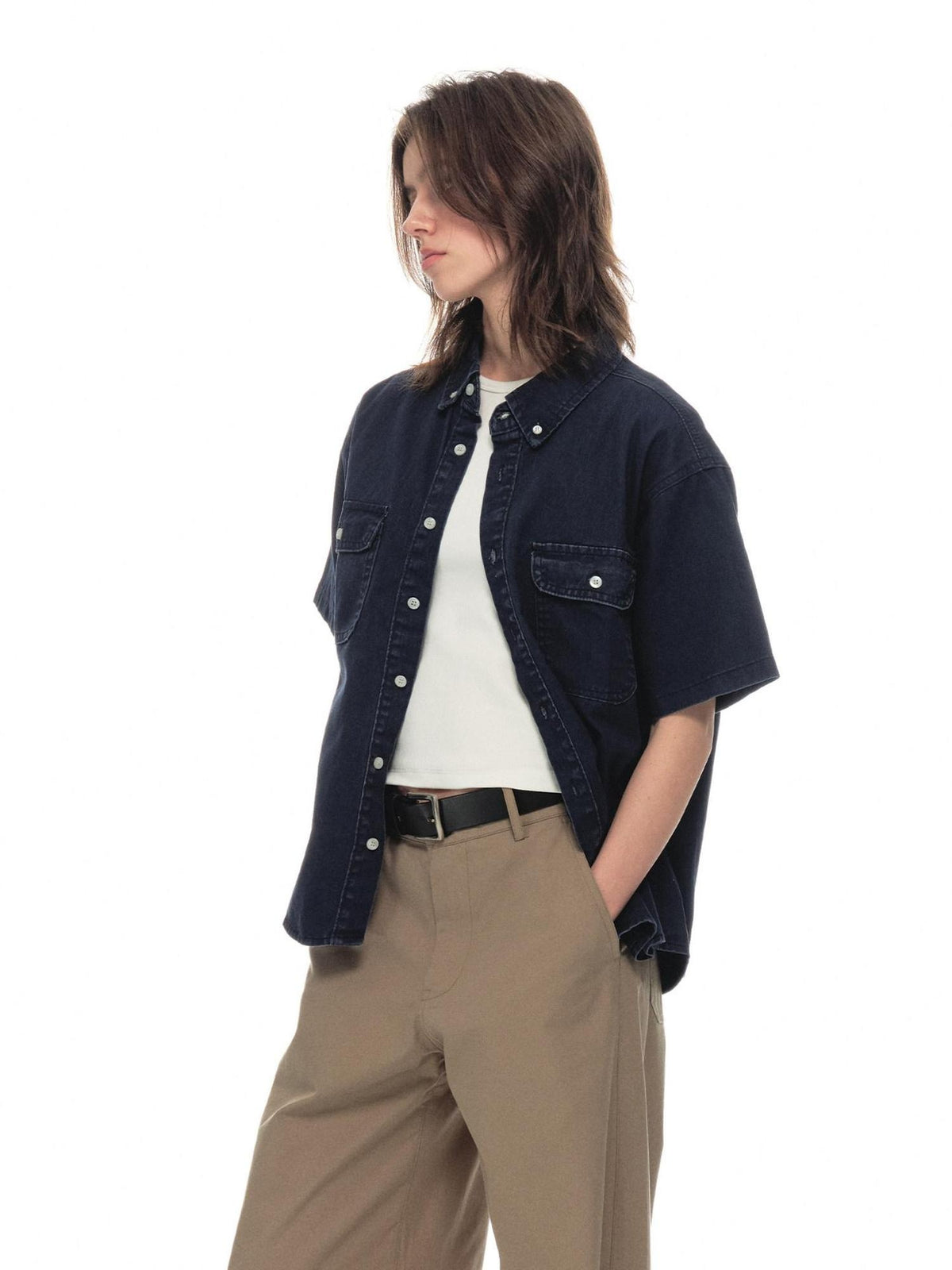 Country Moment Breathable 100% Cotton Patch Pocket Turn Down Collar Regular Men Indigo Shirts