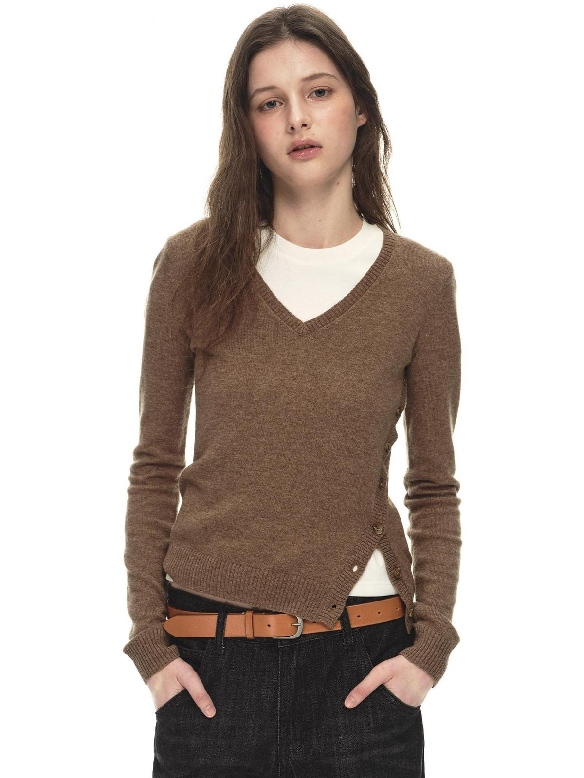 Country Moment Soft Wool Blend Slimming Relaxed Fit Asymmetric V-neck Women Commuter Sweaters