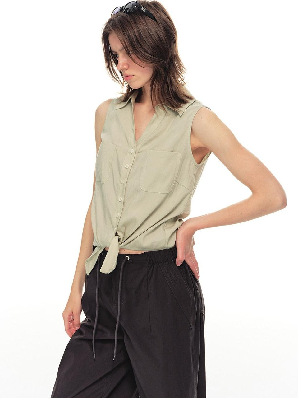 Country Moment Breathable Quick Dry Loose Tie Front Women Commuter Modal Sleeveless Short Shirts