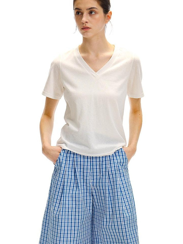 Country Moment Moisture Wicking Street Straight V-neck Cotton Blend White Short Sleeve T-Shirts
