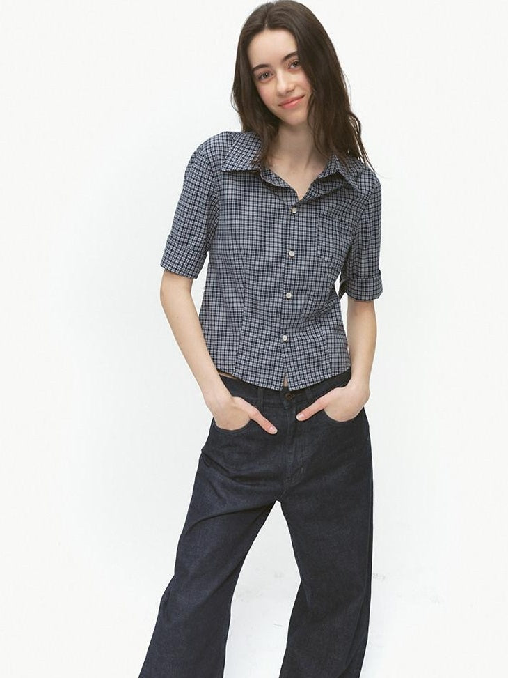 Country Moment Breathable Cotton Cropped Straight Revere Women Navy Plaid Shirts