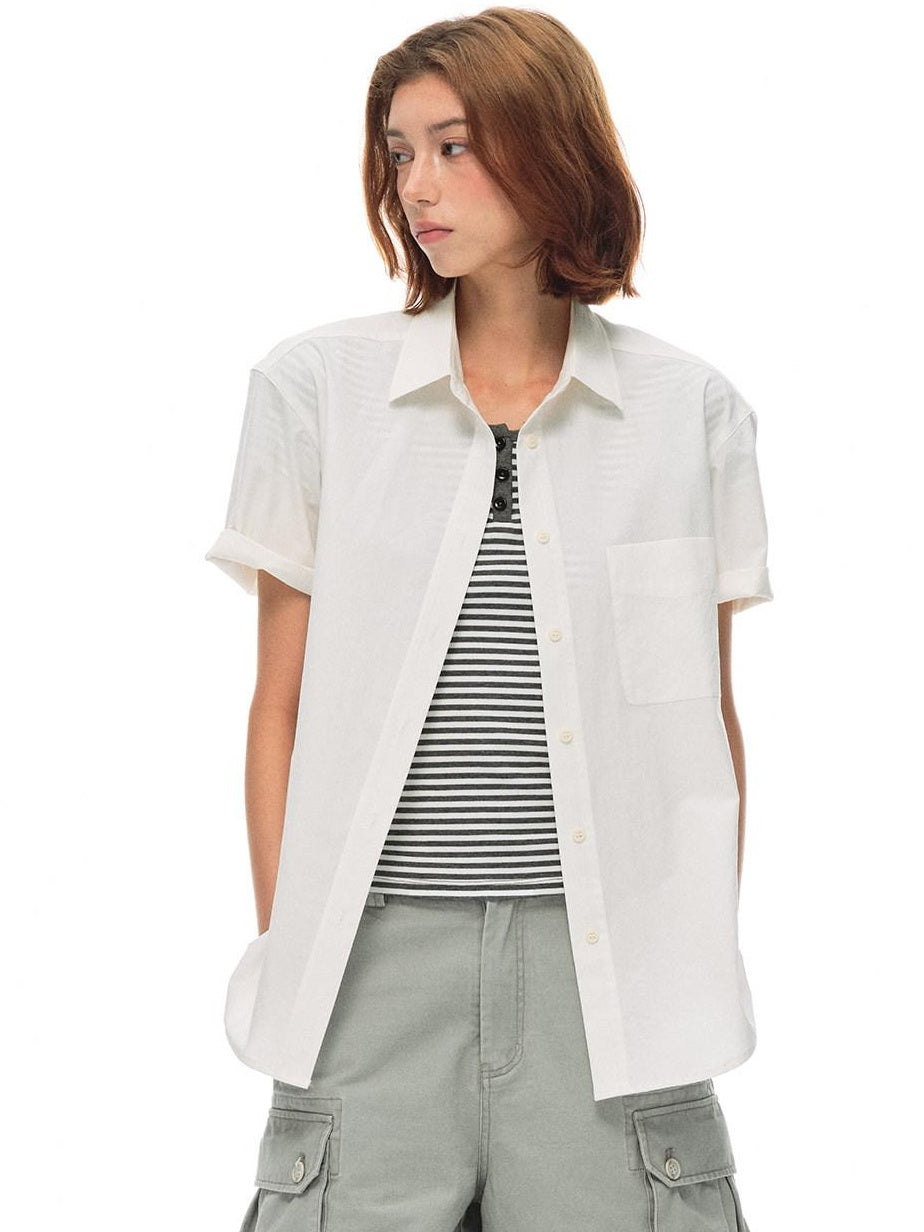 Country Moment Breathable 100% Cotton Loose Polo Collar Pocket Button Women Commute Shirts