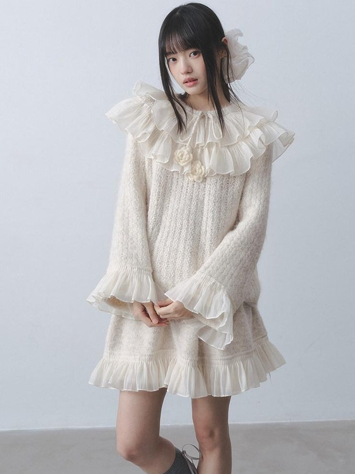 DDGIRL studio Warm Knitted Ruffle Pullover Loose Gentle Floral High Waist Top & Skirt Sets