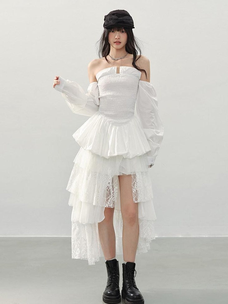 DDGIRL studio Lined Lace Asymmetrical High Waist Front Slit Tiered White Women Midi Skirts