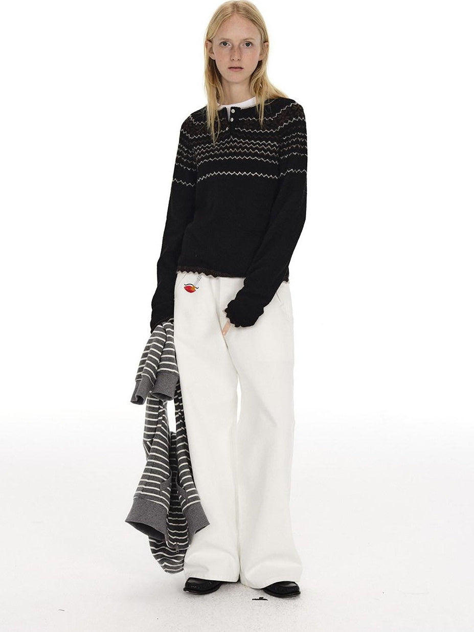 Country Moment Jacquard Henley Button Pullover Slim Fit Youth Wool Blend Striped Sweaters