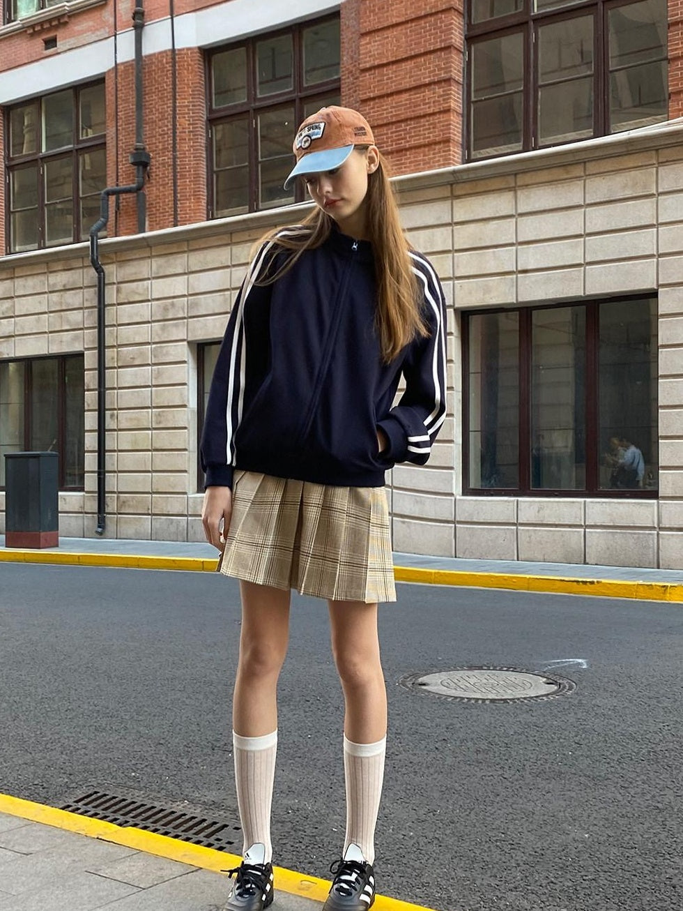 Country Moment High Waist Vintage Pleated A Line Khaki Plaid Casual Youth Polyester Mini Skirts