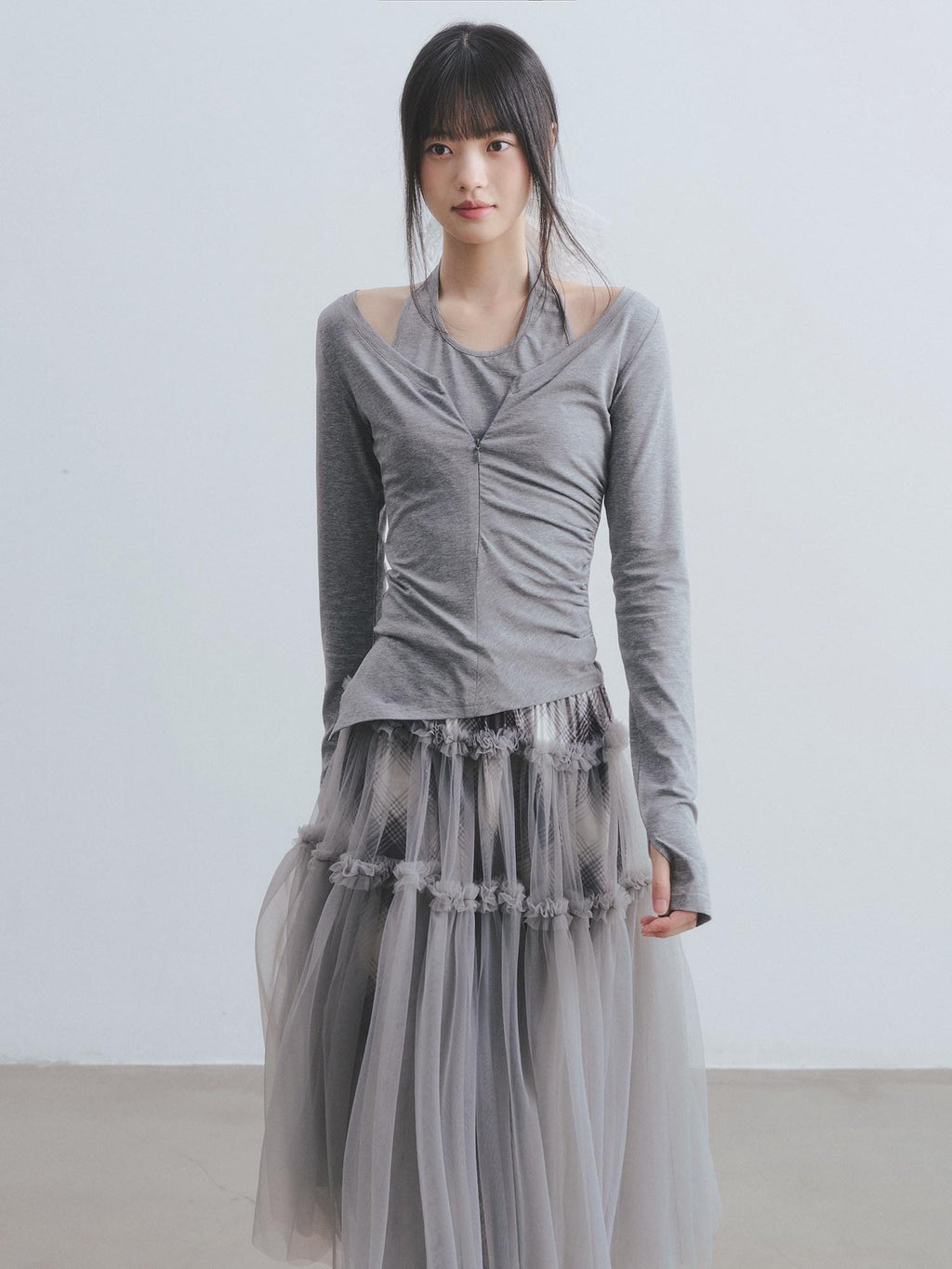 DDGIRL studio Breathable Modal Blend Workwear Slim Layered Women Gray Long Sleeve Crop Tops