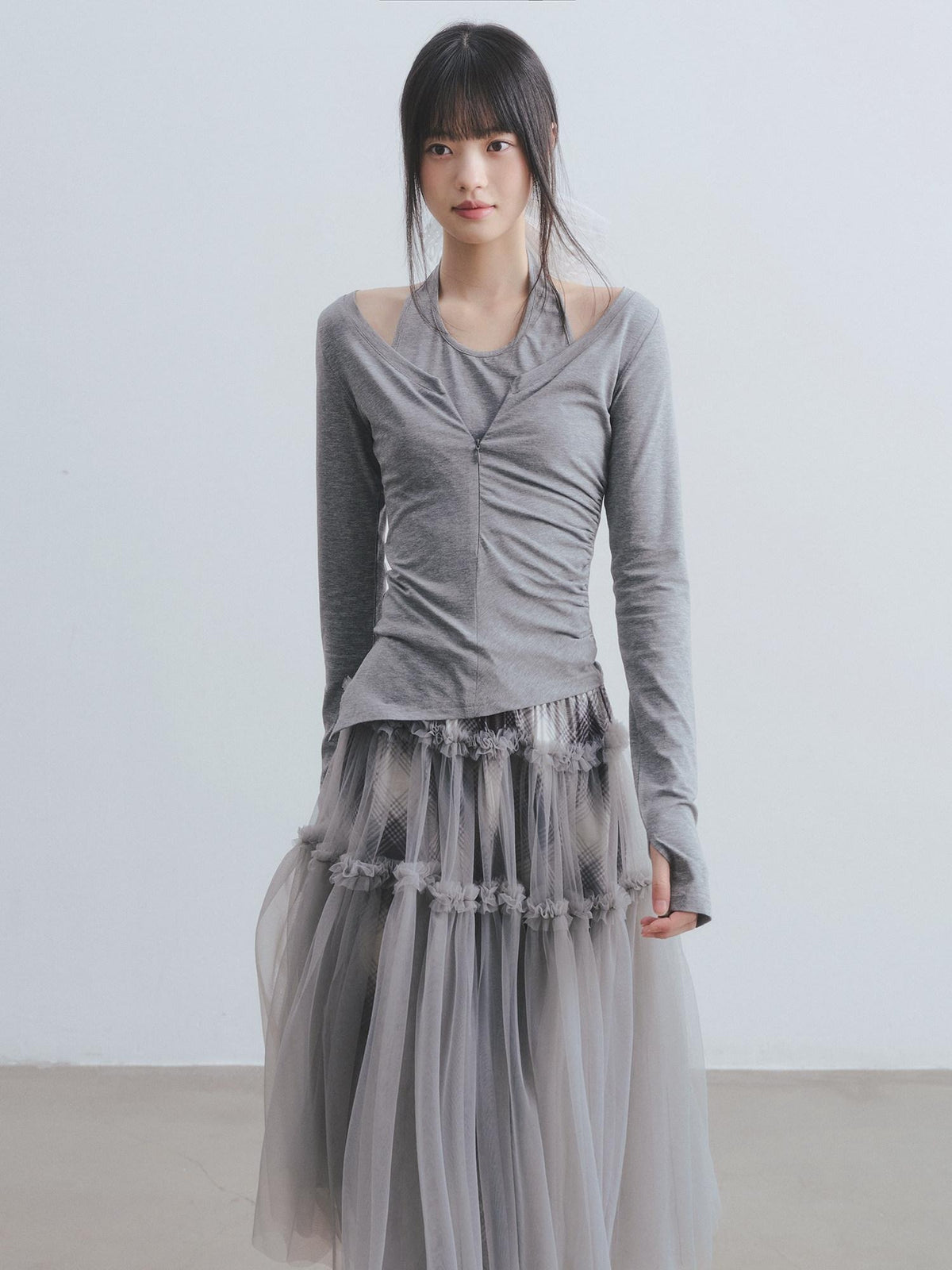 DDGIRL studio Breathable Modal Blend Workwear Slim Layered Women Gray Long Sleeve Crop Tops
