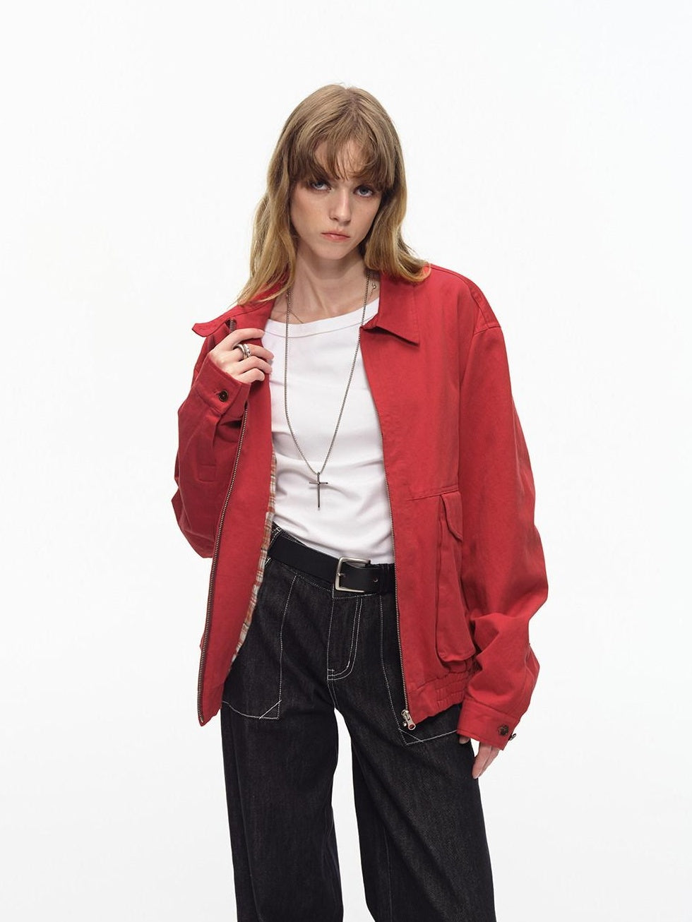 Country Moment Warm Pure Cotton Relaxed Fit Zip Front Rib Hem Unisex Chili Red Cropped Jackets
