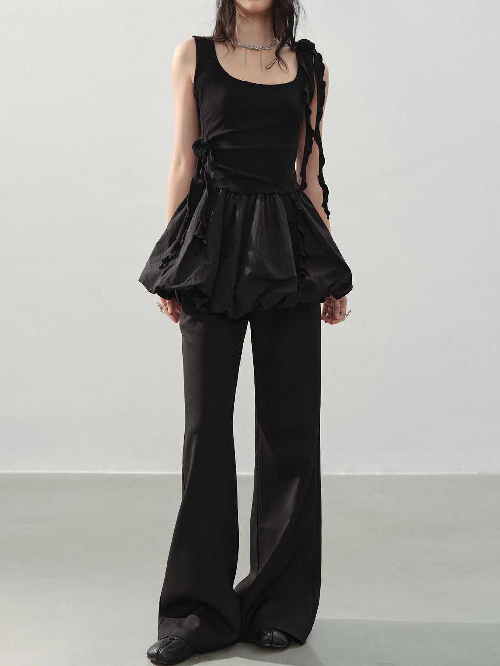 DDGIRL studio Slim Mid Rise Washed Black Micro Flare Zipper Casual Women Straight Pants