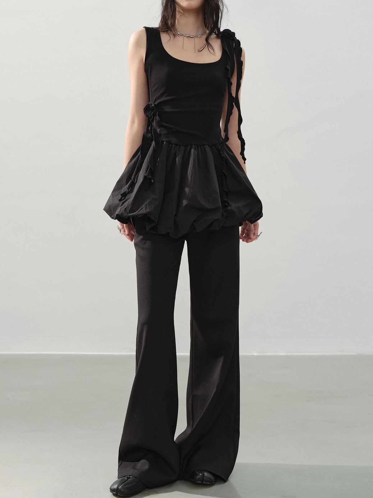 DDGIRL studio Slim Mid Rise Washed Black Micro Flare Zipper Casual Women Straight Pants