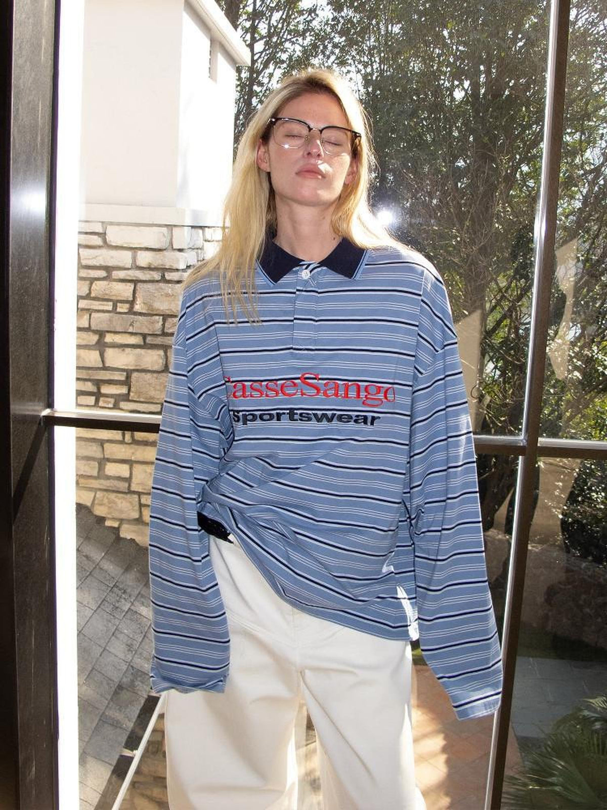 CasseSango Embroidered Cotton Loose Fit Striped Unisex Casual Blue Long Sleeve T-Shirts