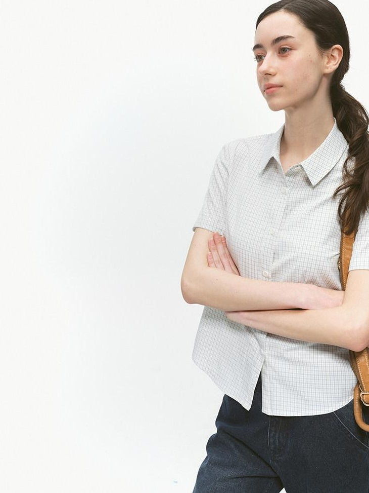 Country Moment Breathable Pure Cotton Slim Fit Checked Short Sleeve Button Collar Women Shirts