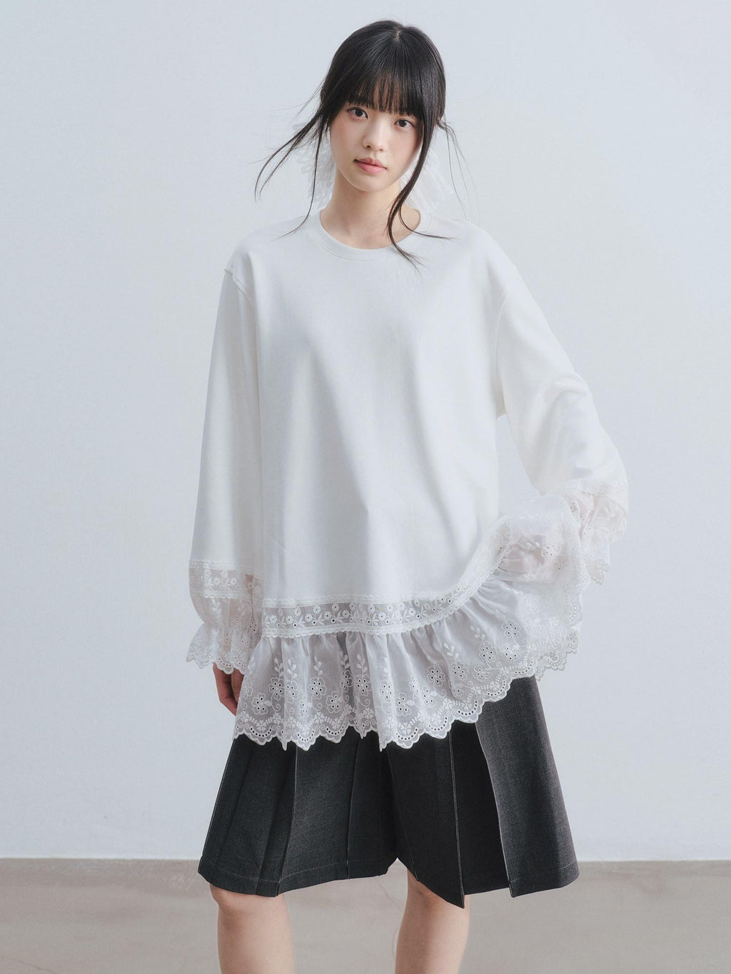 DDGIRL studio Layered Lace Oversized Puff Sleeve Womens Cotton White Long Sleeve T-Shirts