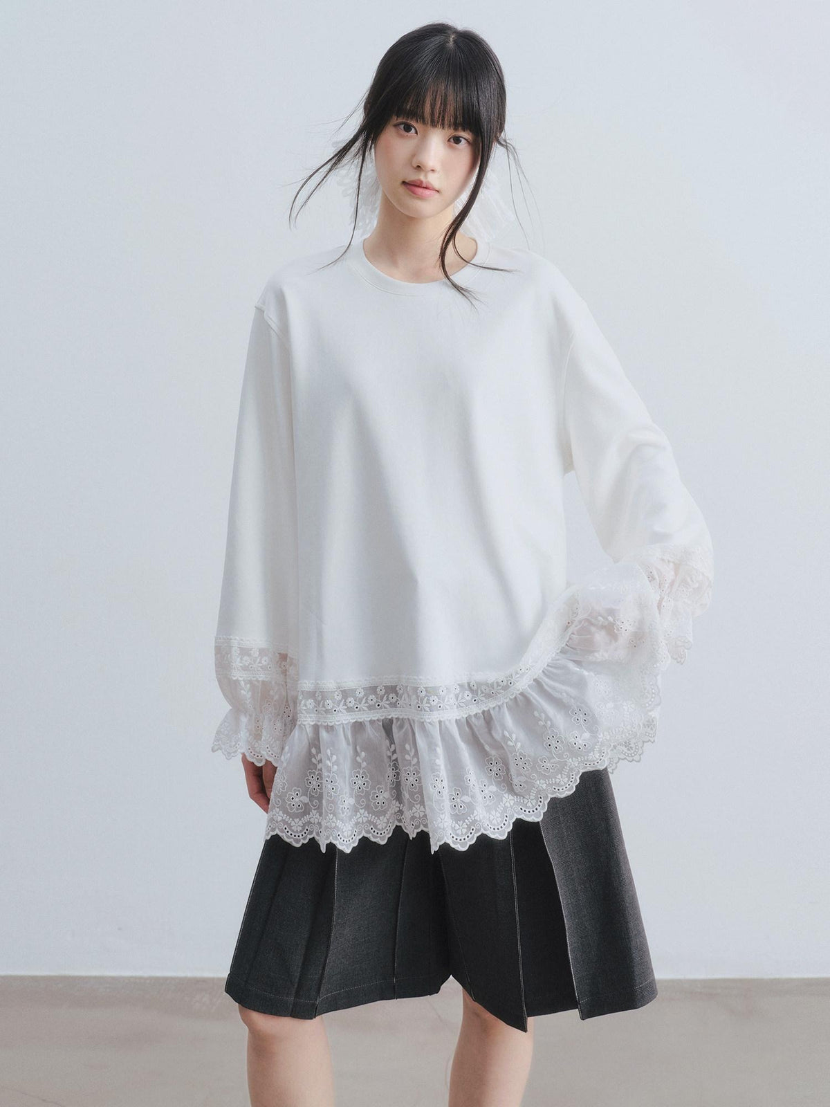 DDGIRL studio Layered Lace Oversized Puff Sleeve Womens Cotton White Long Sleeve T-Shirts