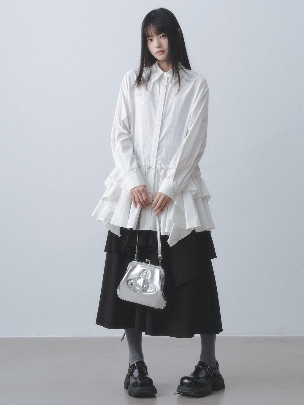 DDGIRL studio High Waist Ruffle Commuter Shirt Dress A Line Women White Button Mini Dresses