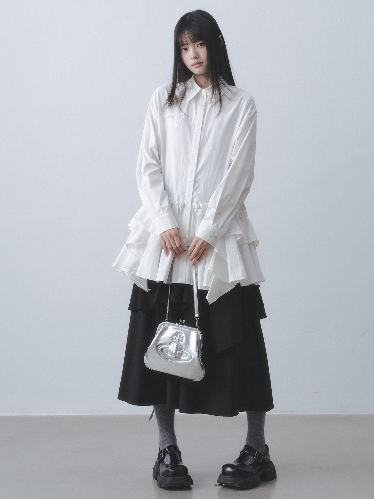 DDGIRL studio High Waist Ruffle Commuter Shirt Dress A Line Women White Button Mini Dresses