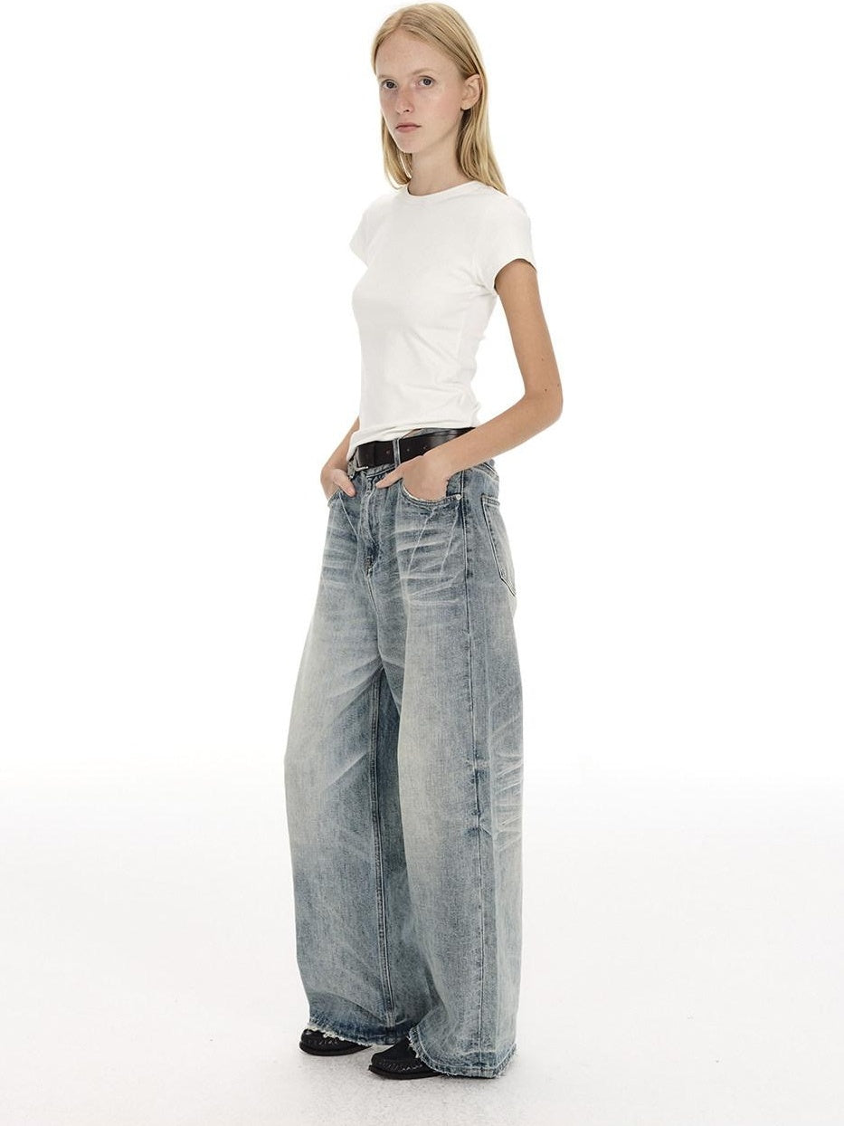 Country Moment Mid Rise Washed Whisker Brushed Cotton Casual Unisex Blue Wide Leg Jeans