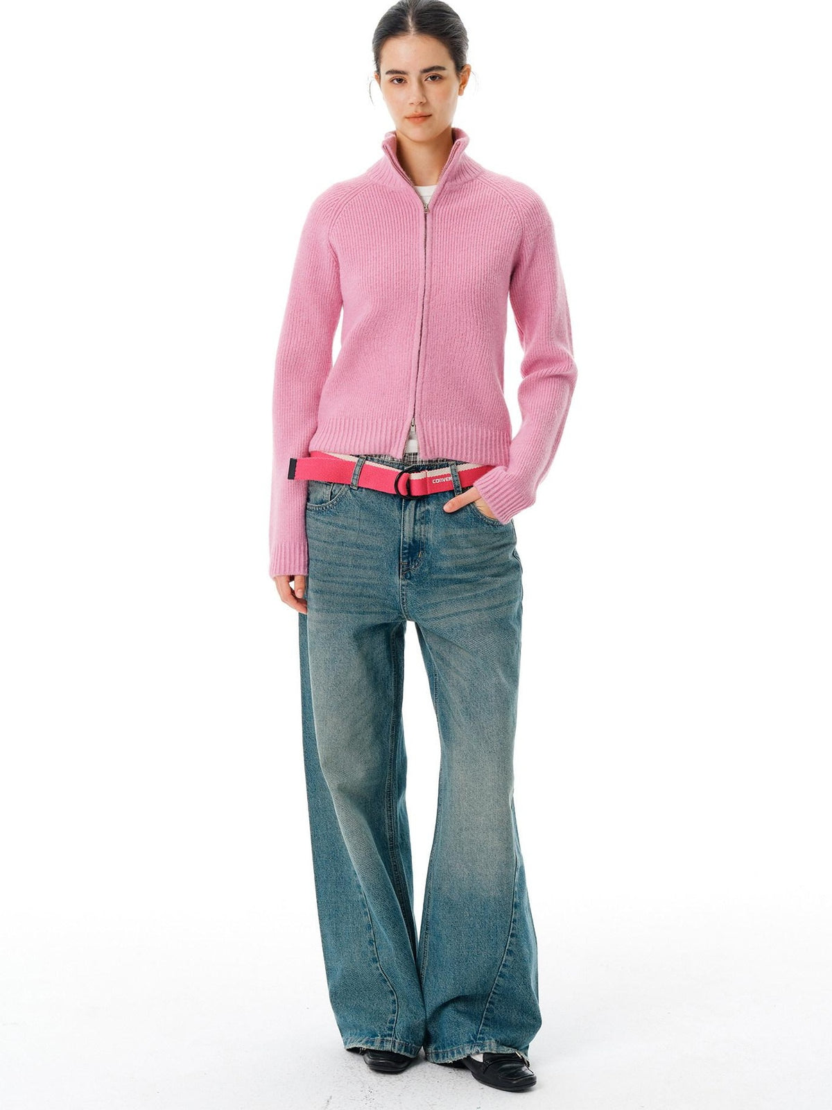 Country Moment Warm Zipper Stand Collar Slim Fit Cardigan Knit Women Rose Purple Sweaters