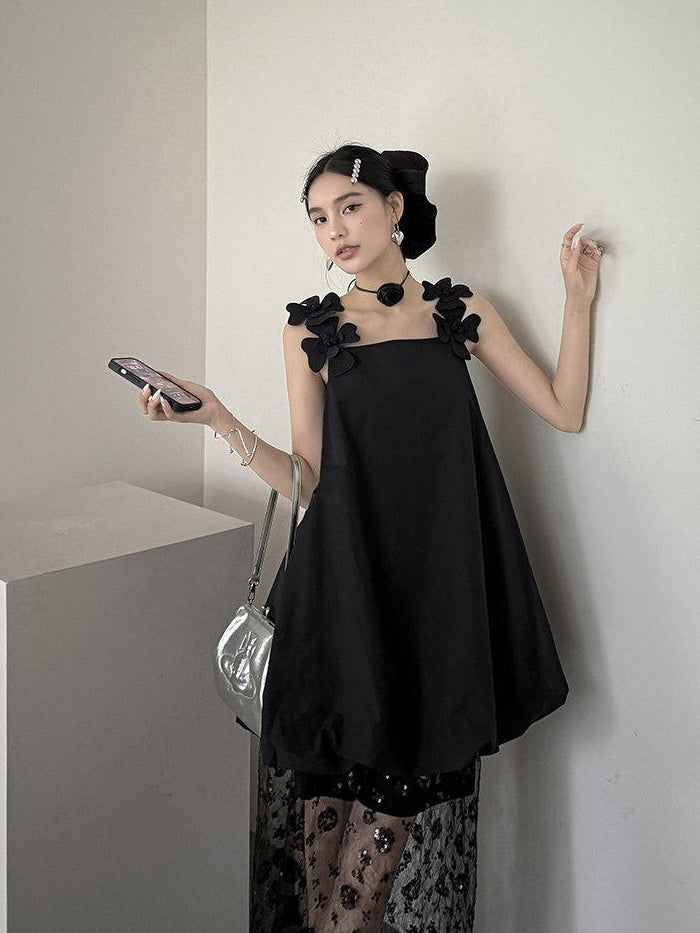 DDGIRL studio Washed Cotton Nylon Blend Strappy A Line Loose Waist Commuter Black Midi Dresses