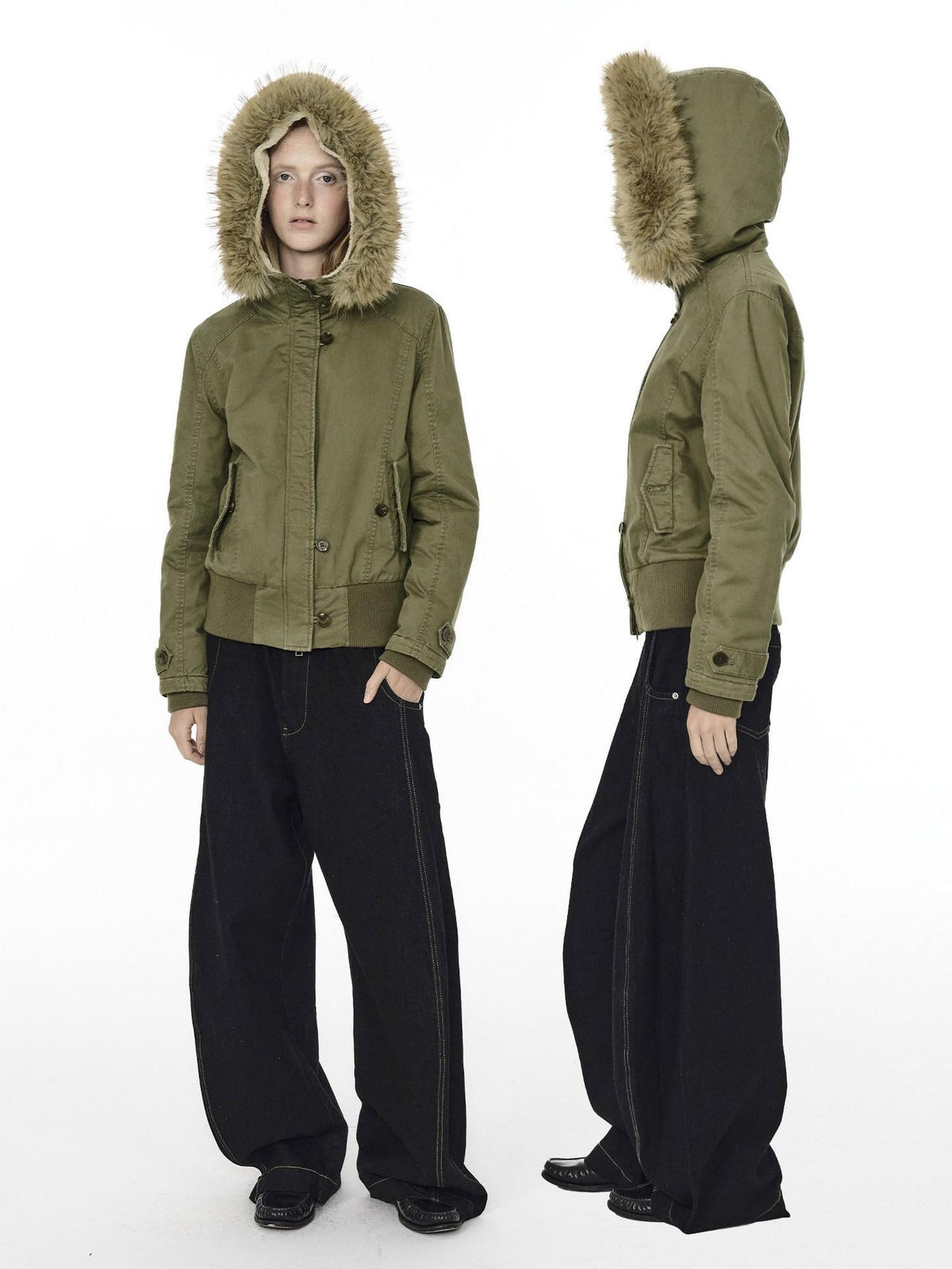 Country Moment Warm Cotton Quilted Hooded Vintage Green Casual Youth Ribbed Hem Puffer Jackets