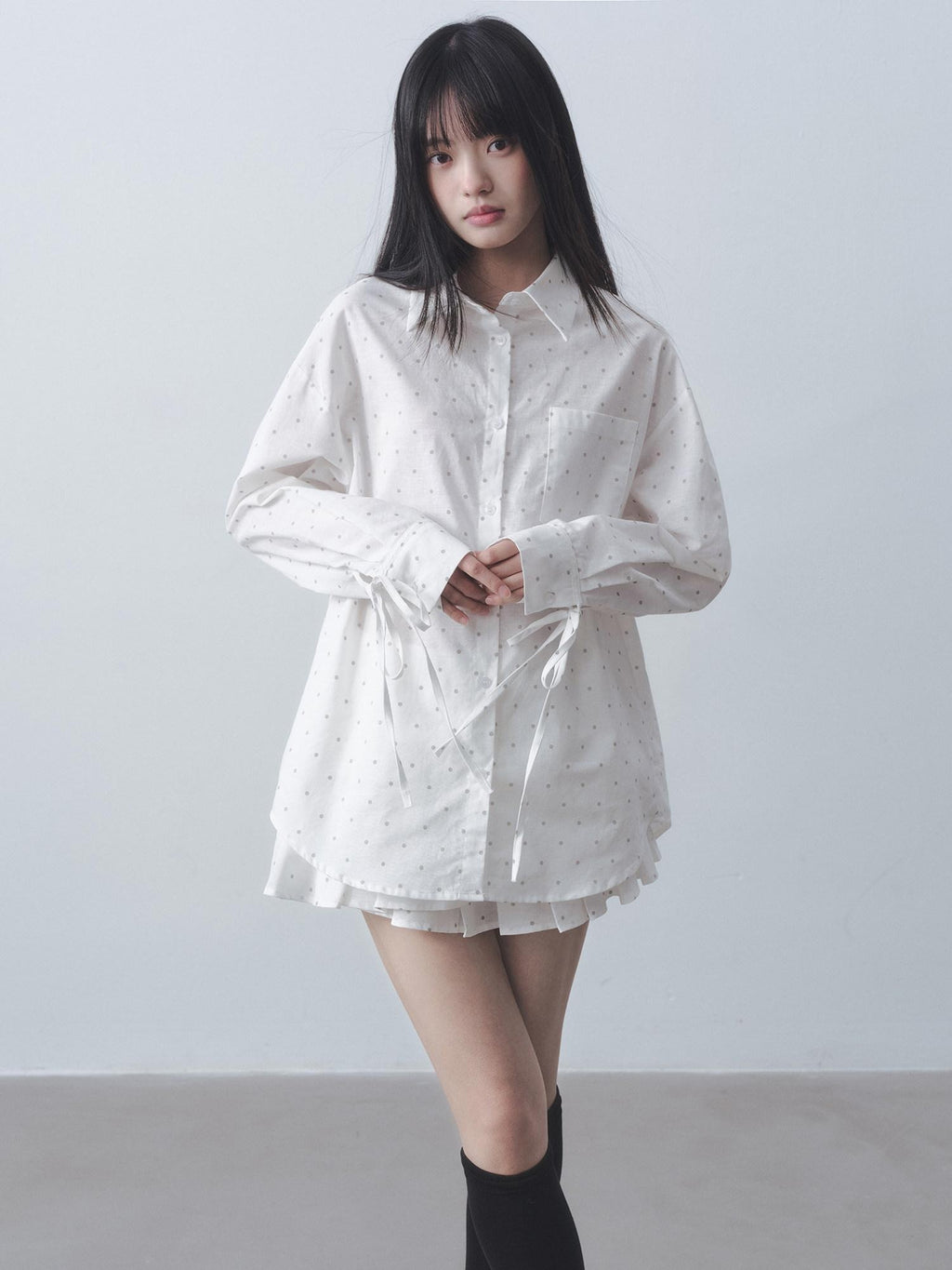 DDGIRL studio Quick Dry Pleated Polka Dot High Waist Button Shirt Women Top & Skirt Sets