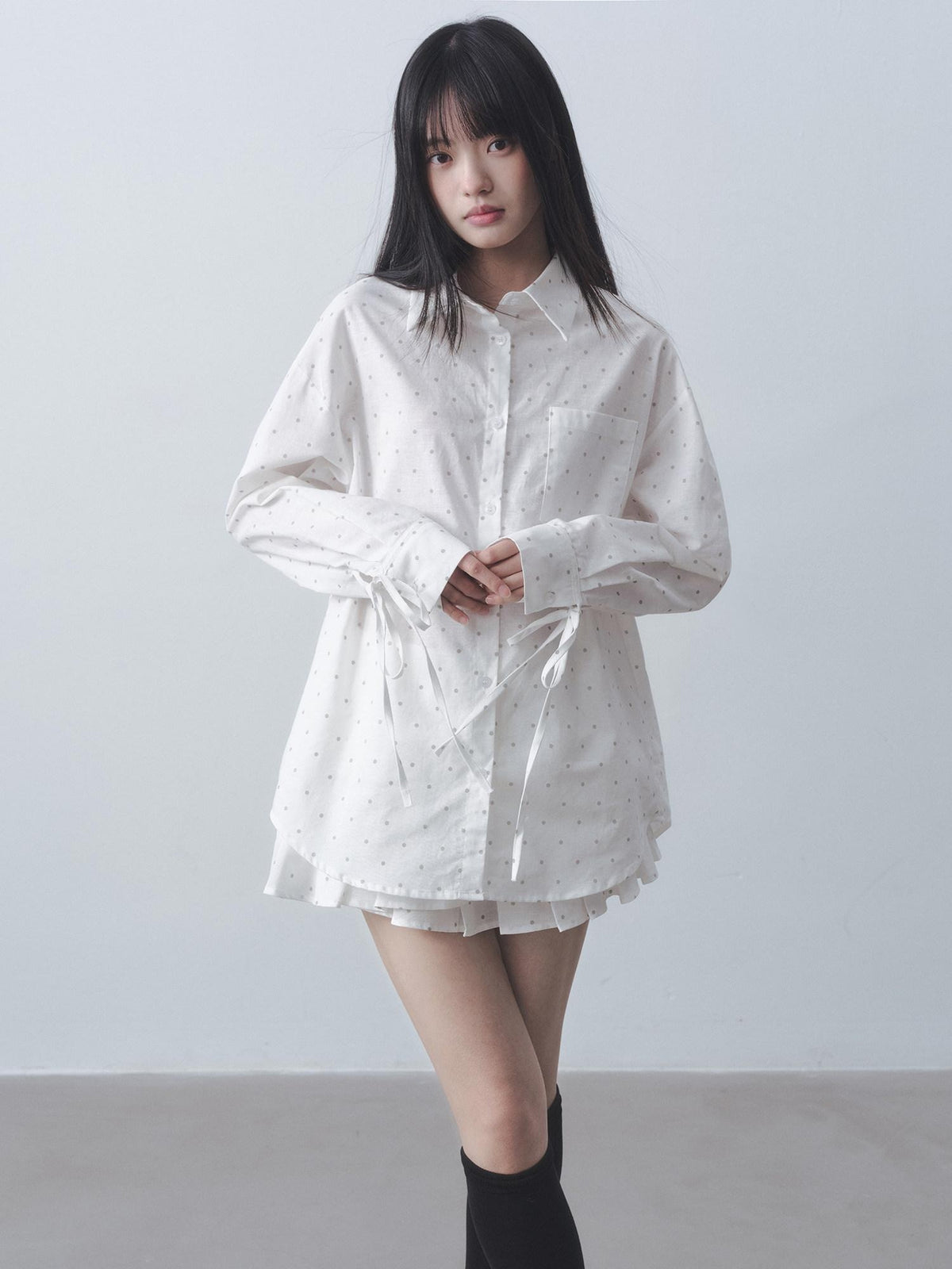 DDGIRL studio Quick Dry Pleated Polka Dot High Waist Button Shirt Women Top & Skirt Sets