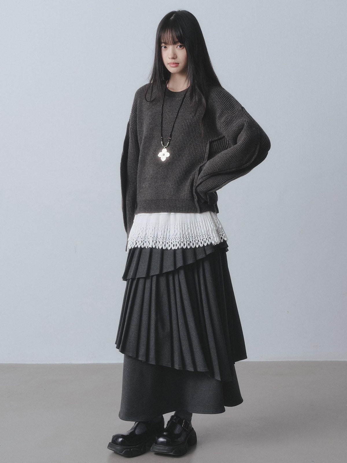 DDGIRL studio Warm Lined Asymmetrical Pleated High Waist Commuter Women Dark Gray Maxi Skirts
