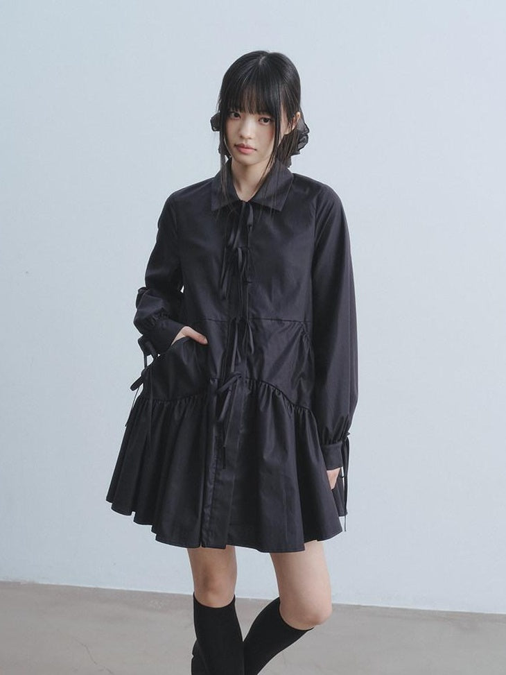 DDGIRL studio Soft High Waist Tie A Line Shirt Dress Office Black Cotton Midi Dresses