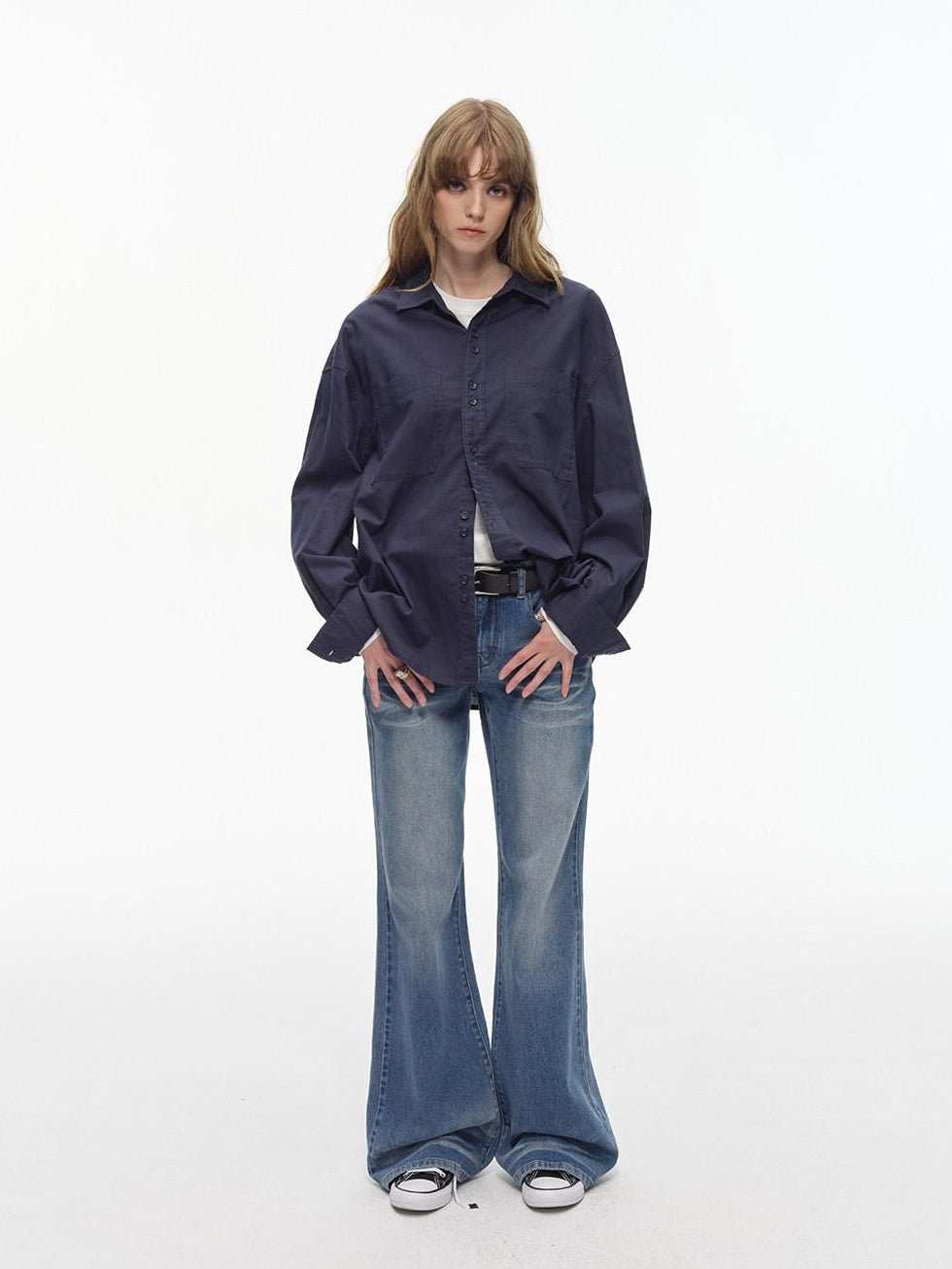 Country Moment Comfortable Low Rise Slim Fit Gradient Zipper Fly Washed Blue Flared Jeans