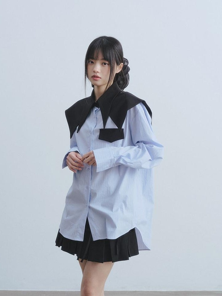 DDGIRL studio Breathable Cotton Loose Faux Layer Pleat Sleeve Striped Navy Collar Shirts