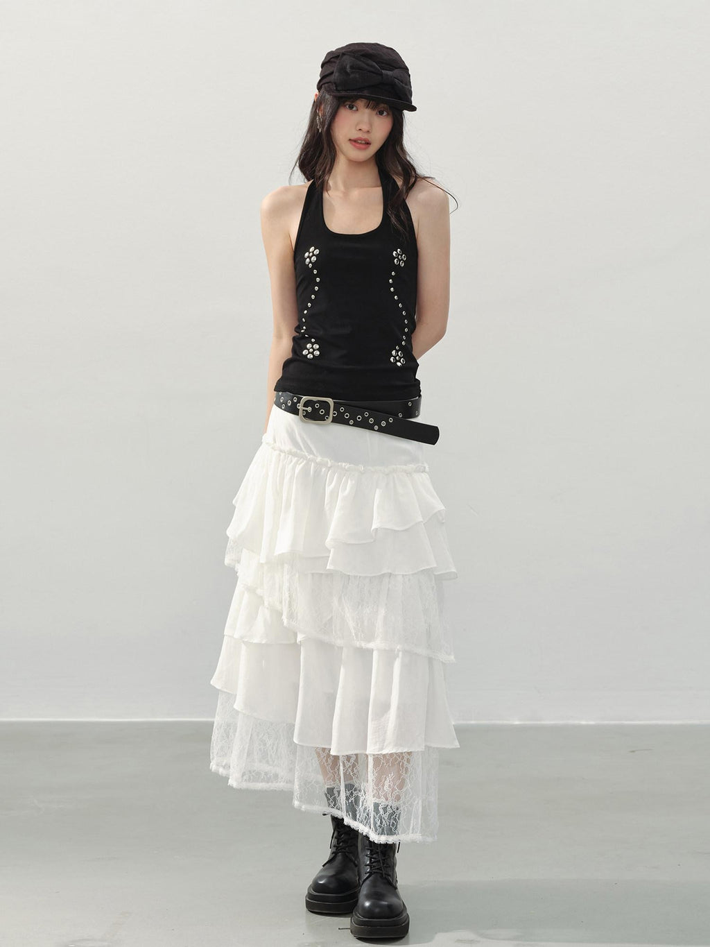 DDGIRL studio Shape Retaining Asymmetric Tiered High Waist Lined Lace Linen Women Midi Skirts