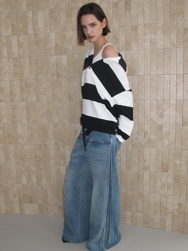 CasseSango Durable Cotton Mid Rise Pleated Loose Fit Washed Blue Wide Leg Jeans