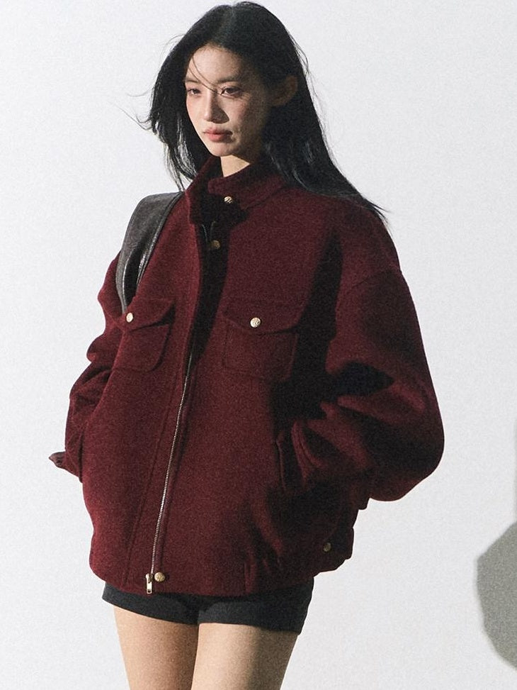 7 OAKMOO Wool Blend Stand Collar Loose Fit Pocket Zip Long Sleeve Women Cropped Jackets