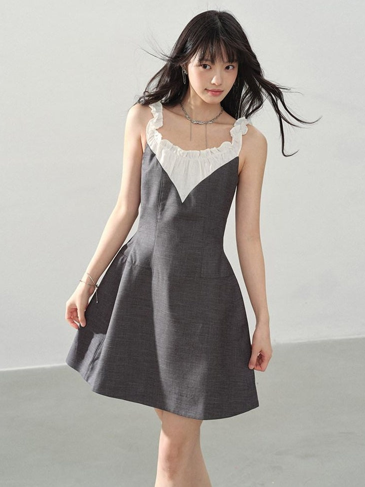 DDGIRL studio Shape Retaining Ruffle Neck High Waist Strappy A Line Office Gray Mini Dresses