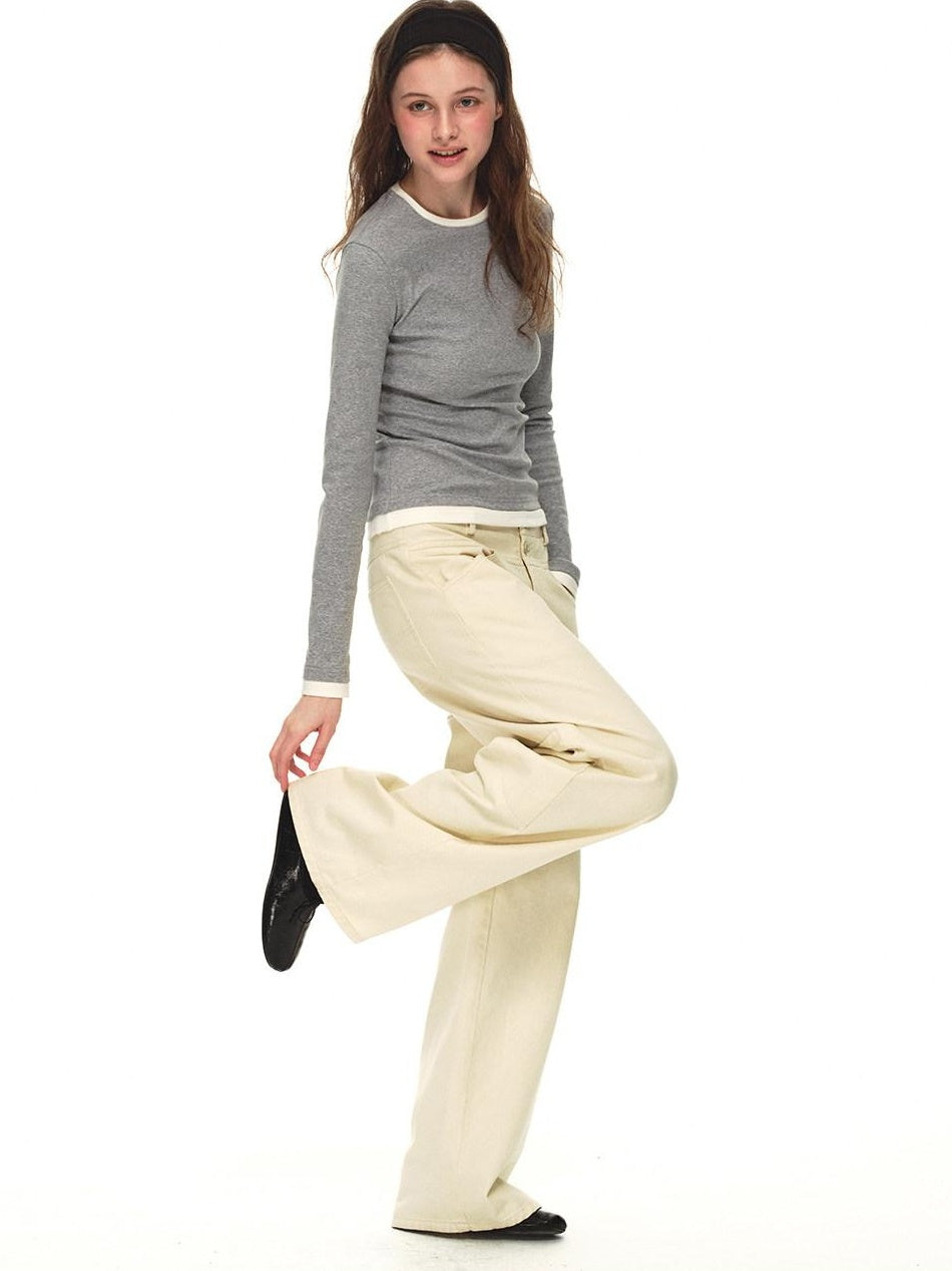 Country Moment Stretch Cotton Layered Slim Fit Casual Women Crewneck Gray Long Sleeve T-Shirts