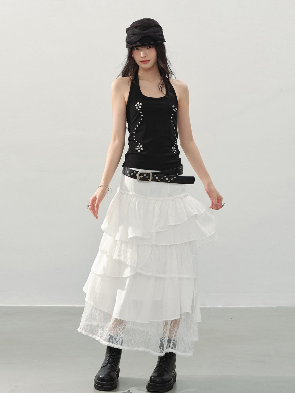 DDGIRL studio Shape Retaining Asymmetric Tiered High Waist Lined Lace Linen Women Midi Skirts