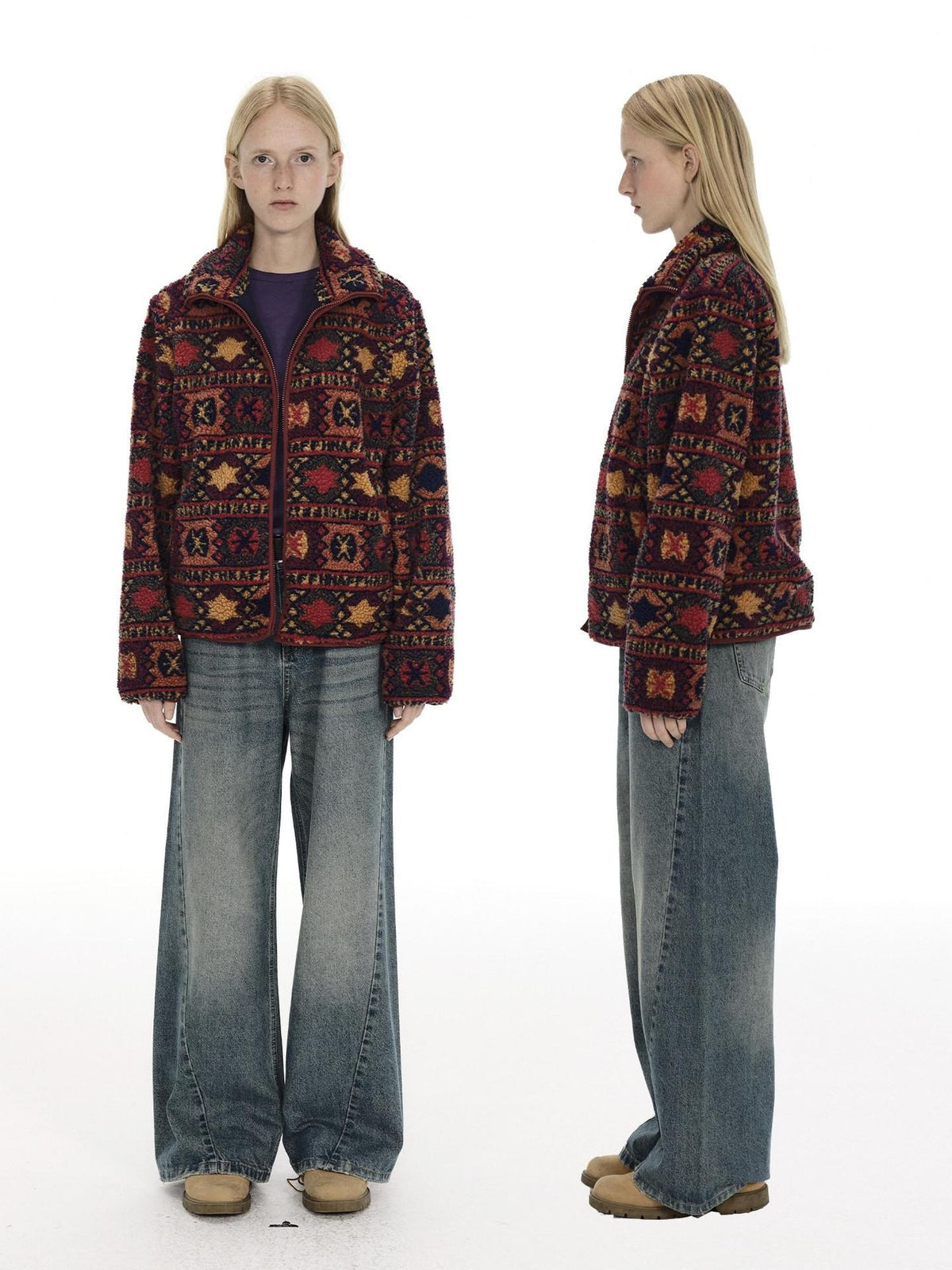 Country Moment Jacquard Thick Cooling Loose Ethnic Stand Collar Retro Red Zip Cropped Jackets