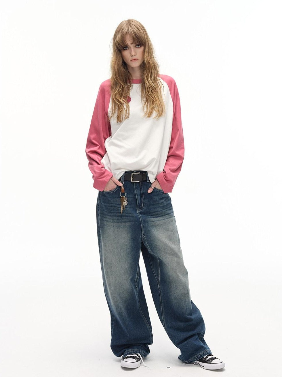 Country Moment Gradient Distressed Mid Rise Loose Straight Everyday Denim Blue Wide Leg Jeans