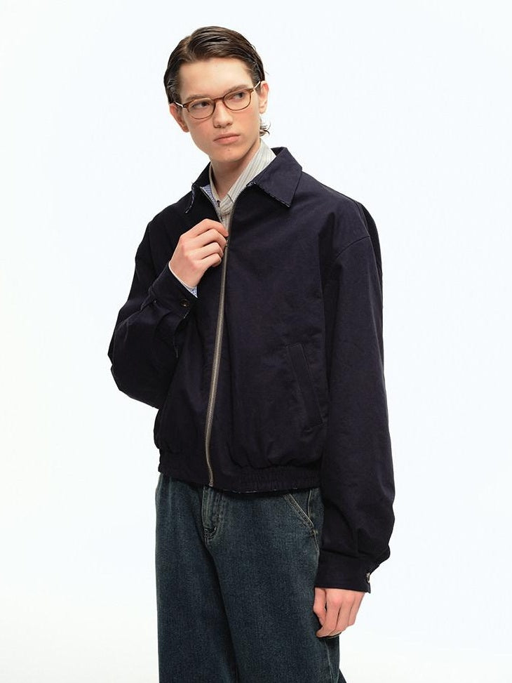 Country Moment Warm Cotton Loose Fit Youthful Plaid Zip Unisex Navy Lapel Cropped Jackets