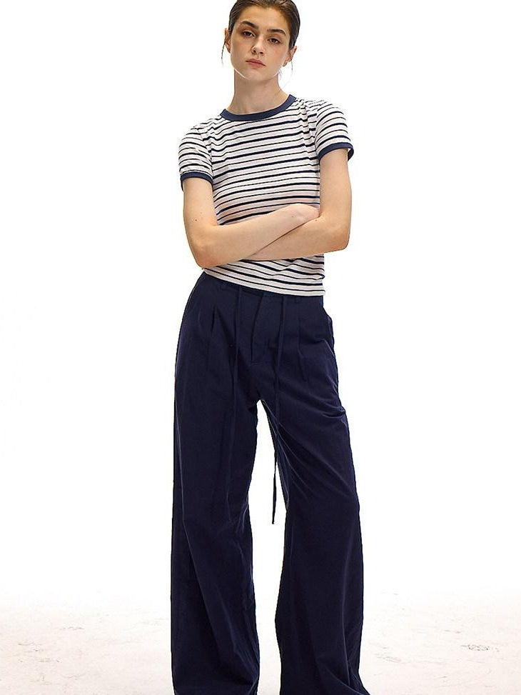 Country Moment Cotton Linen Minimal Belted Natural Waist Navy Office Wide Leg Pants