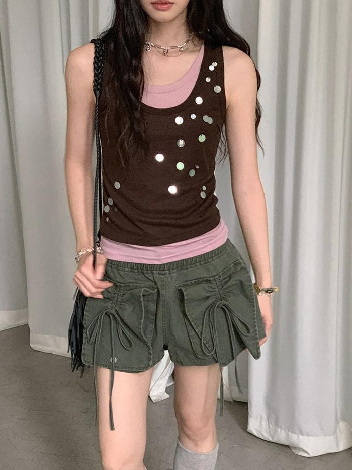 DDGIRL studio High Waist Faded 96 Percent Cotton Wide Leg Loose Fit Army Green Denim Shorts