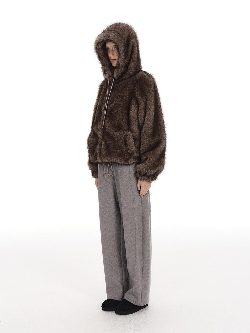Country Moment Warm Wool Lined Pleated Drawstring Loose Fit Gray Straight Sweatpants