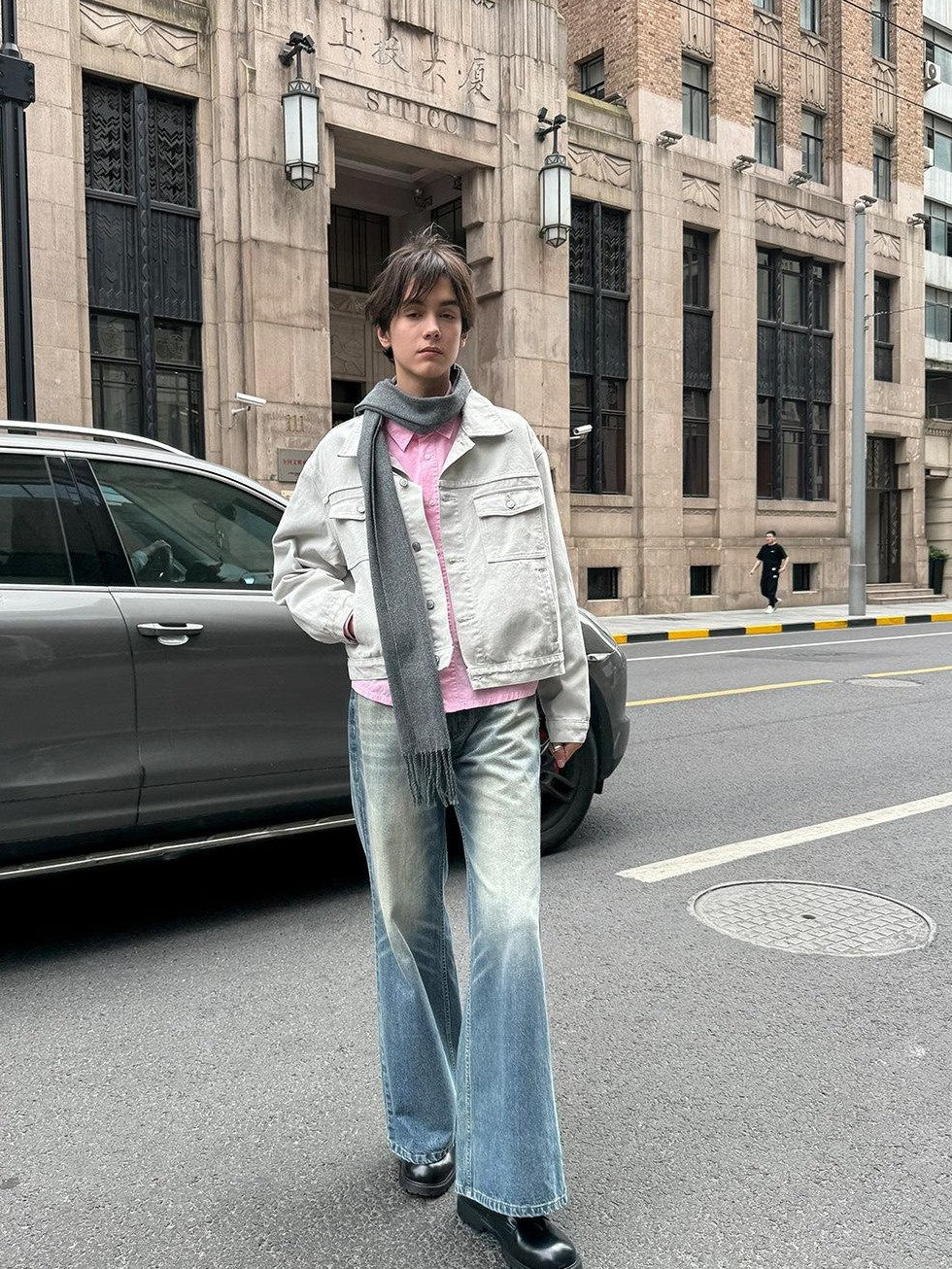 Country Moment Loose Fit Cropped Lapel Unisex 100 Percent Cotton Solid Grey Denim Jackets