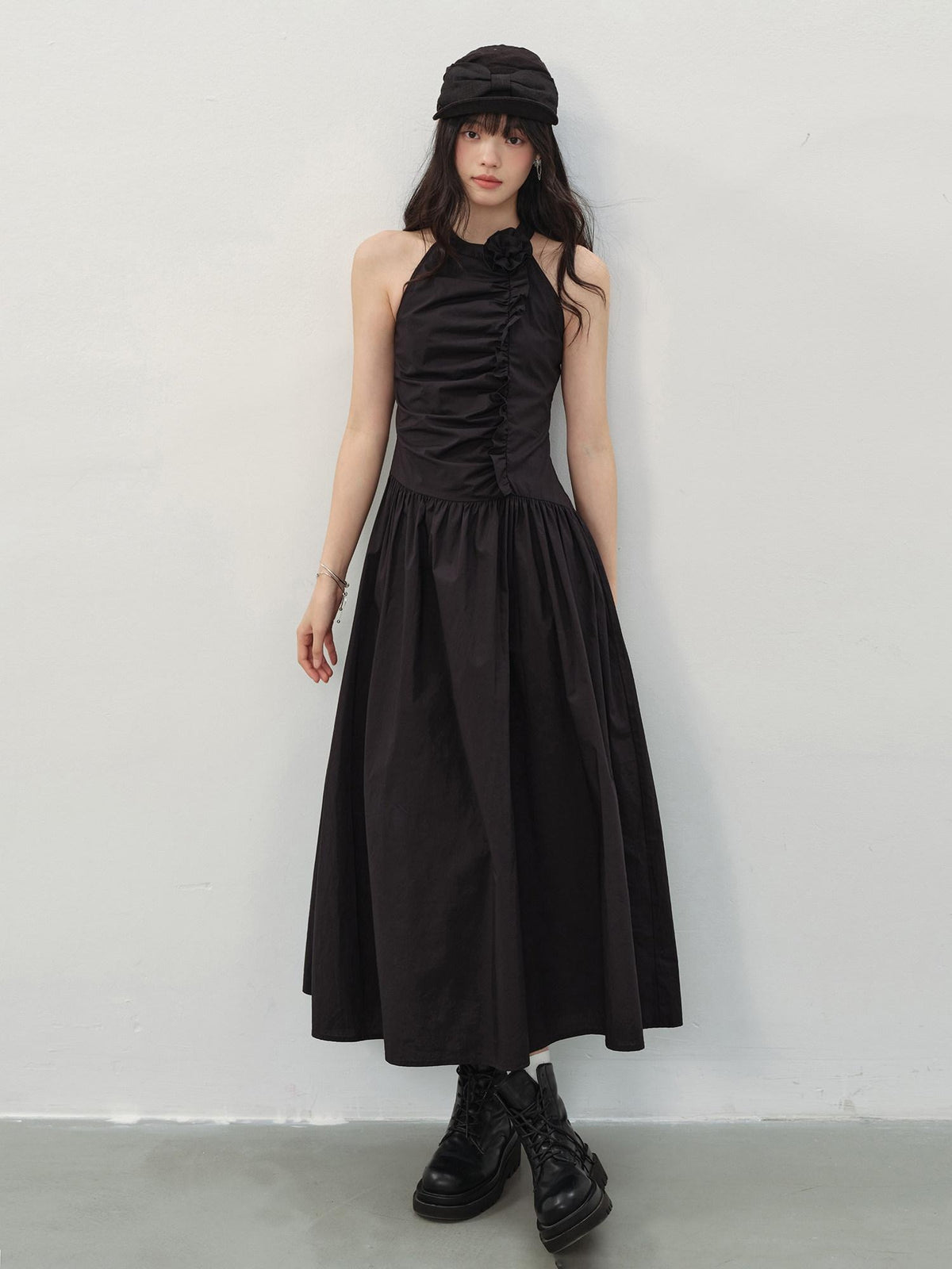 DDGIRL studio Elegant High Waist A Line Pleated Cotton Hidden Back Zipper Party Maxi Skirts