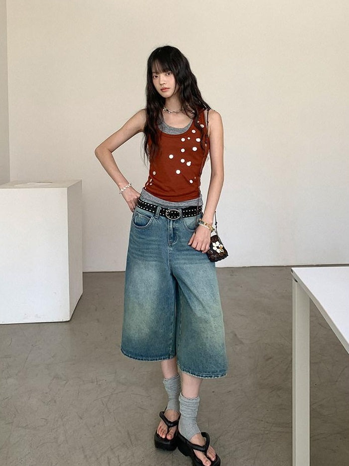 DDGIRL studio Stretch Cotton Knit Slim Camisole U Neck Sequin Women Office Top & Pants Sets